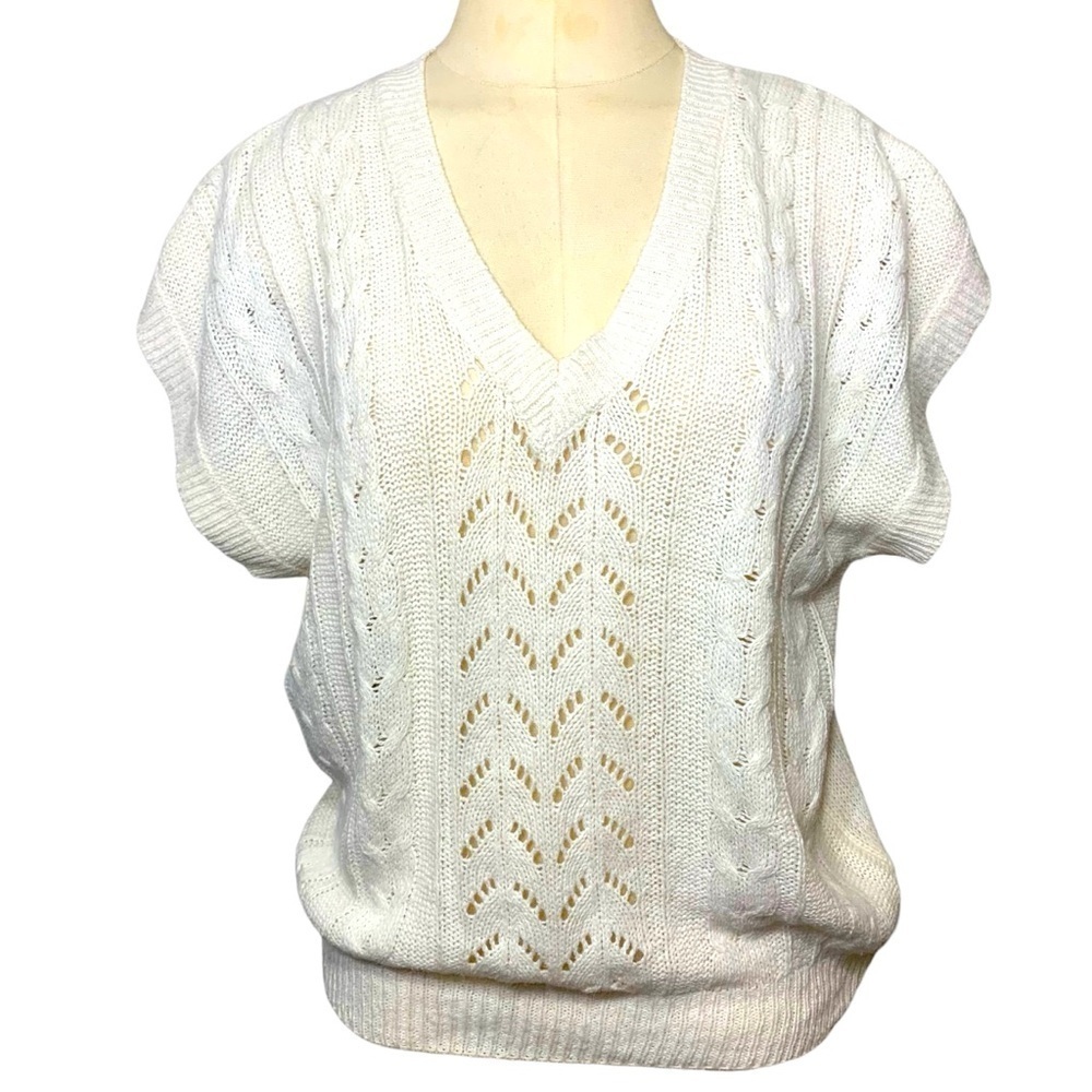 Vintage Cable knit Sweater Vest Silk Angora Blend Cream Sz M/L V Neck Pullover